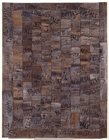 Rosalie Gascoigne Apothecary, 1992; sawn / split soft drink crates on plywood; 107.3 x 84.1 cm; enquire