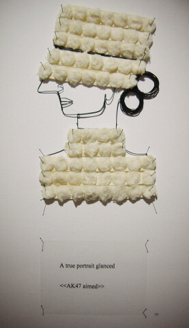 Jacqueline Fraser A true portrait glanced >, 2003; from the series AN ELEGANT PORTRAIT REFINED IN ELEVEN STUDIOUS PARTS >; wire, pom-pom ribbon from Chelsea, N.Y; 85 x 35 cm; enquire