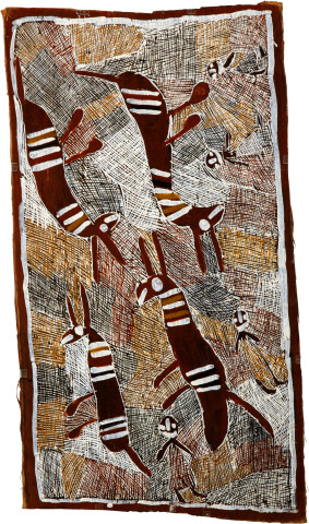Nyapanyapa Yunupiŋu 4 Buffalos 4 Wendys, 2008; natural earth pigments on bark; 112 x 62 cm; enquire