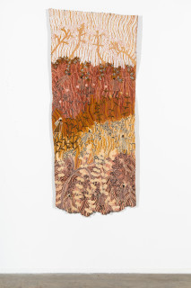 installation view; Yalmakany Marawili Wäwuru', 2026; 2513-26; earth pigments on stringybark; 190 x 81 cm; enquire