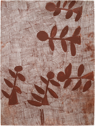 Nyapanyapa Yunupingu Djorra (paper) 15, 2014; TPA078b; felt tip pen, earth pigments on discarded print proofs; 75 x 56 cm; Enquire