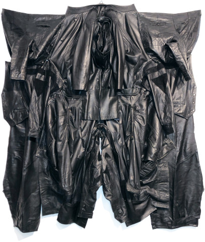 Sarah Contos Voltron I (Black), 2019; repurposed leather jackets, hardware, thread; 195 x 204 x 20 cm; Enquire
