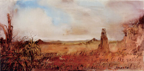 Mandy Martin Valley of Salvator Rosa, 2002; oil, ochre & pigment on linen; 135 x 275 cm; enquire