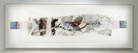 John Wolseley The Wood the World and the Parrot - Time's Arrow, Time's Cycle, 2006; woodcut over watercolour, graphite in and gouache on paper; 101 x 284.5 cm; (frame size); Edition of 5; enquire