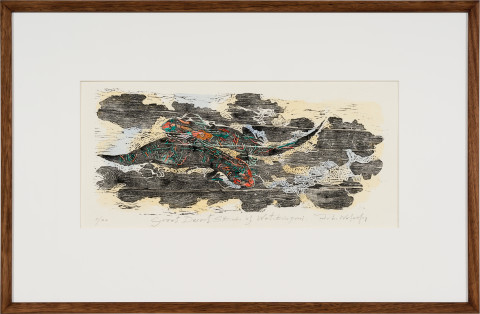 John Wolseley Great Desert Skinks III, 2026; woodcut and watercolour on Tengucho paper; 25 x 54 cm; 53 x 81 cm (framed); Edition of 20; enquire
