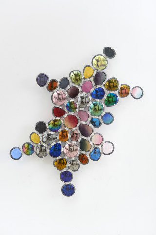 Jim Lambie Sign o' The Times, 2019; sunglass lens, lead came; 59.95 x 51 x 4.5 cm; enquire