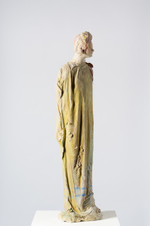 Linda Marrinon Woman with robe and pink ribbon, 2025; tinted and painted plaster with muslin; 110 x 30 x 25 cm; enquire