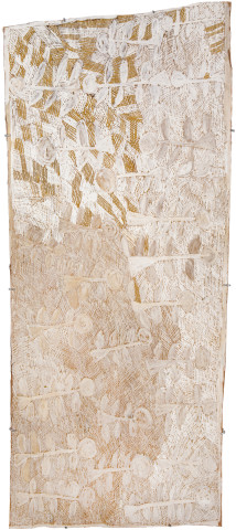 Nyapanyapa Yunupiŋu Untitled, 2013; 4395W; natural earth pigments on bark; 165 x 71 cm; enquire