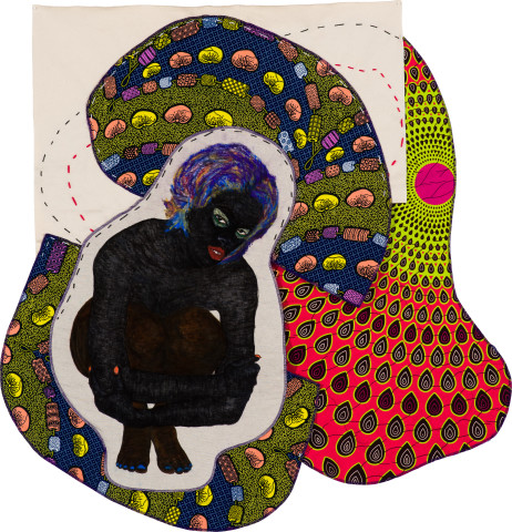 Pierre Mukeba (Malaika)/A bandit group of Cupids/ survival thy mission/thy shall covet
thy neighbours goods), 2022; Kikwembe, calico, oil paint, ink, brush pen, acrylic paint, pastel, fabric on unprimed canvas; 105 x 103 cm; more info; enquire