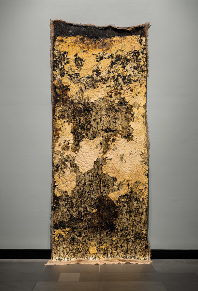 Kirtika Kain Afterlight, 2026; plastic, gold leaf, wax, pigment and tar; 400 x 180 cm; enquire