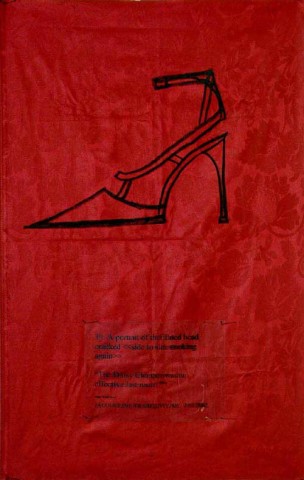 Jacqueline Fraser 39. A portrait of that fluted head cracked > The Daisy Chopper was an effective last resort BBC World News, 2002; Jacqueline Fraser, NY, NY. 9/11/2002; Fabric, oil stick and acrylic sheet; 65 x 100 cm; enquire