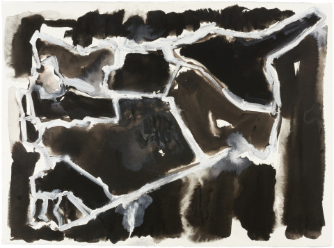 Fiona Hall Cage (Syria map 7), 2017; Cat no. 47; gouche and tapa dye on rag paper; 57 x 76 cm; enquire