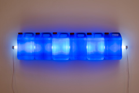Bill Culbert Strait (Blue), 2015; fluorescent light, plastic bottles; 28 x 120 x 12 cm; enquire