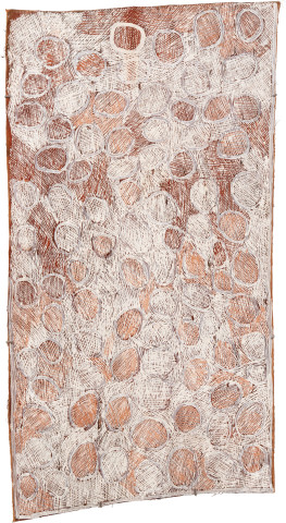 Nyapanyapa Yunupiŋu Mangutji #4, 2010; 3717A; Natural earth pigments on bark; 133 x 70 cm; enquire