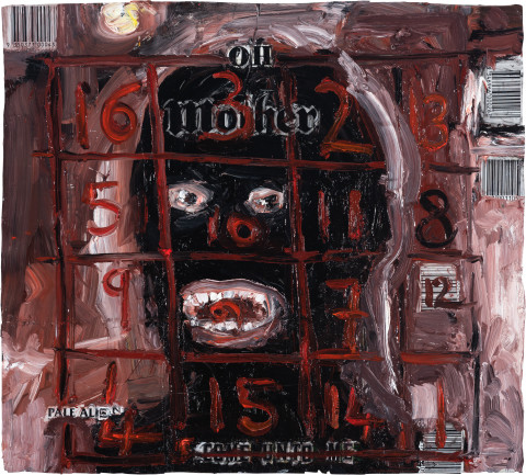 Fiona Hall Counting For Nothing 2, 2024; oil paint on aluminium drink cans; approx. 30.5 x 33.5 cm; enquire