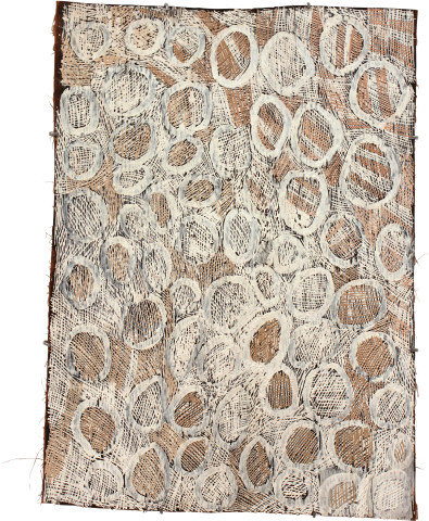 Nyapanyapa Yunupiŋu Pink and White Circle, 2011; 3939P; natural earth pigments on bark; 81 x 60 cm; enquire