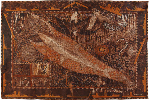 Fiona Hall Moat, 2011; Tongan tapa dye and Tongan ochre on canvas; 210 x 314 cm; enquire