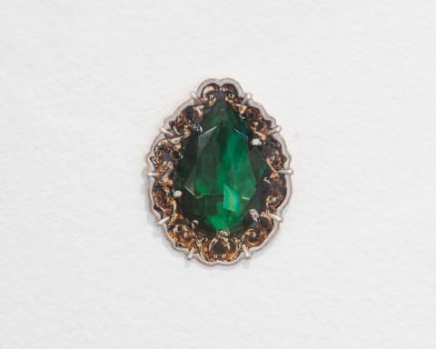 Octavia Cook Emerald Solitaire Brooch, 2007; laminated colour photocopy, stg silver; Edition of 5; enquire