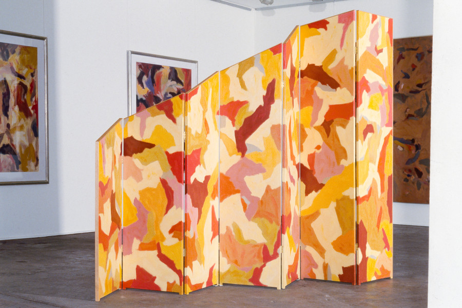 David Aspden, Two Sides of Love, 1985; 7 panel Japanese paper screen Cedar wood structure, oil and goldleaf; dimensions variable