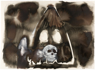 Fiona Hall Caged 2., 2017; Cat no. 53; gouache and tapa dye on rag paper; 57 x 76 cm; enquire