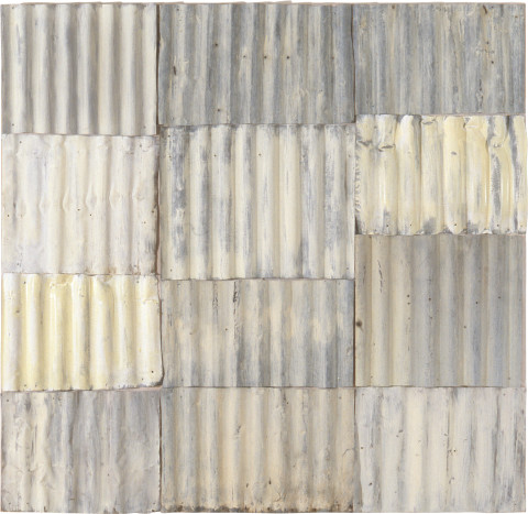 Rosalie Gascoigne White Garden, 1995; corrugated iron on wood; 184 x 177 cm; enquire
