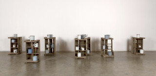 Rosalie Gascoigne Habitation, 1984; 32 enamel mugs & 7 woooden drink crates; each crate approx  45 x 28 x 24 cm; enquire