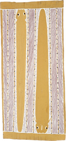 Jimmy Wululu Eeltail Catfish, 1989; natural ochre pigments on Stringybark; 82 x 37 cm; enquire