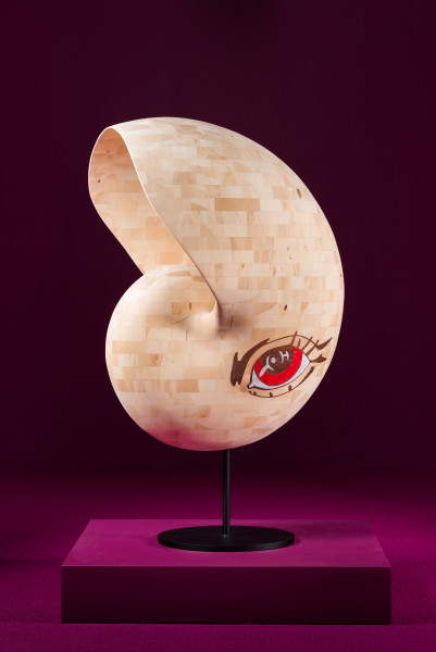 Del Kathryn Barton, and float, 2022; Huon Pine with Cambia Ash and Rock Maple inlay, Abalone Red and White fresh water mother of pearl inlay, blackened steel; 155 x 90 x 70 cm
