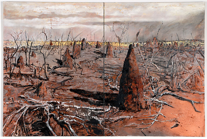 Mandy Martin Wanderers in the desert of the real; Tanami spinifex fires, 2008; Ochre, pigment, and oil on linen; diptych, overall 180 x 270 cm; enquire