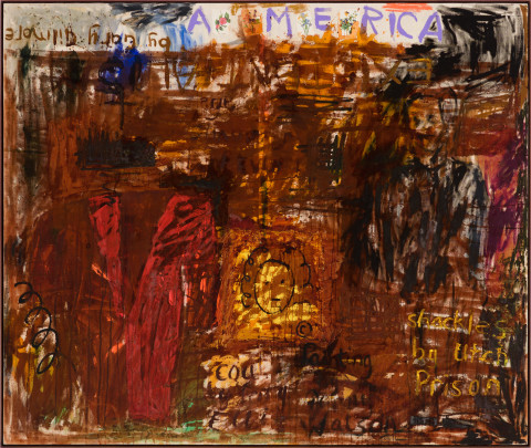 Jenny Watson America, 1987; oil, gouache, acrylic, Indian pigments and Indian cotton on duck; 147.5 x 175.5 cm; enquire