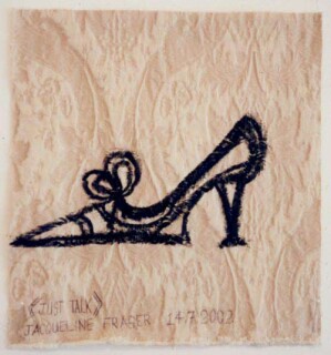 Jacqueline Fraser >, 2002; from the series Jacqueline Fraser 14.7.2002 Parisian Fabric Drawings; Oil stick on cream brocade; 32 x 32 cm; enquire