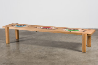 Del Kathryn Barton eye bench, 2022; American White Oak with Cambia Ash and Rock Maple inlay, Abalone Green, Red, Blue and White Fresh Water mother of pearl inlay, brass, ink and watercolour on paper; 45 x 240 x 50 cm; 40kg; enquire