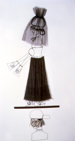 Jacqueline Fraser A portrait of the lost boys as we saw  them drawn. A portrait of the lost boys as we heard them strained. [[France, East Timor, Chile]], 2001; from the series A Portrait of the Lost Boys > To Our Lost Boy Ivan, carbon monoxide gassed 1998; wire, brown braid, sequin taffeta, text, lurex evening fabric, black tulle; 290 x 90 cm; Provinece: New Museum N.Y. 2001; enquire