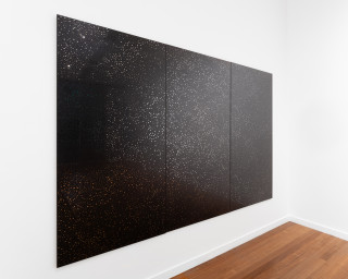 Daniel Boyd Untitled (MMMMIADC), 2025; UV curable ink on one way mirror; 199 x 301 cm; enquire