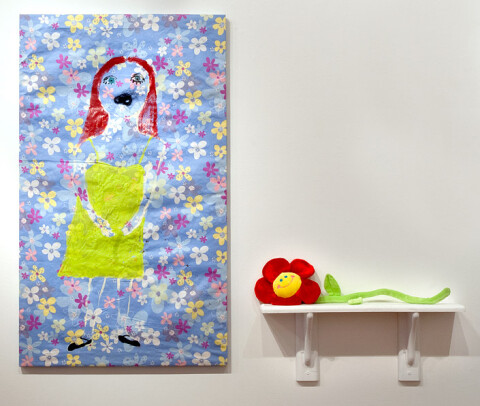 Jenny Watson Can somebody please help me get this knot out of my mouth No. 2, 2010; acrylic and horsehair on rabbit skin glue primed Hong Kong cotton; 105 x 62 cm; Part 2: velvet daisy on shelf, 60 x 70 x 12 cm; enquire