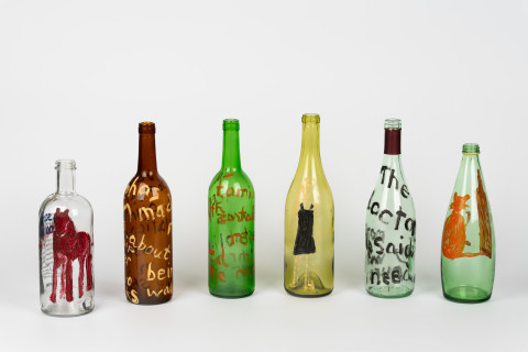 Jenny Watson Bottles, 1992; group of six assorted painted bottles; dimensions variable; more info; enquire