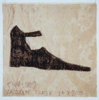 Jacqueline Fraser >, 2002; from the series Jacqueline Fraser 14.7.2002 Parisian Fabric Drawings; Oil stick on cream brocade; 32 x 32 cm; enquire