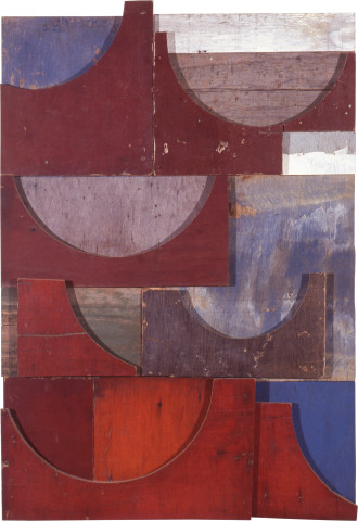 Rosalie Gascoigne Landfall, 1989; weathered formwork on plywood; 112.4 x 77.8 cm; enquire