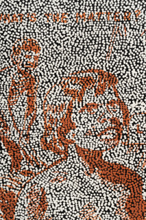 Daniel Boyd Untitled (IHSTTSOL) (detail), 2025; oil, acrylic and archival glue on paper mounted to canvas; 76.5 x 92 cm; enquire