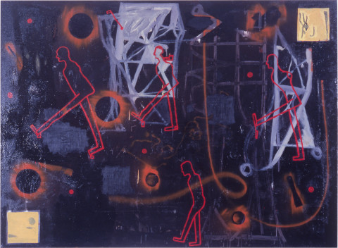 Gareth Sansom Four Wise Men Looking for God in Abstract Art I, 1987-88; oil and enamel on linen; 167.6 x 228.6 cm; enquire
