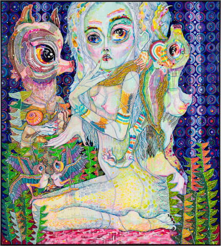 Del Kathryn Barton we have gathered here for you, 2025; acrylic on French linen; 202.5 x 182.5 x 7 cm; more info; enquire