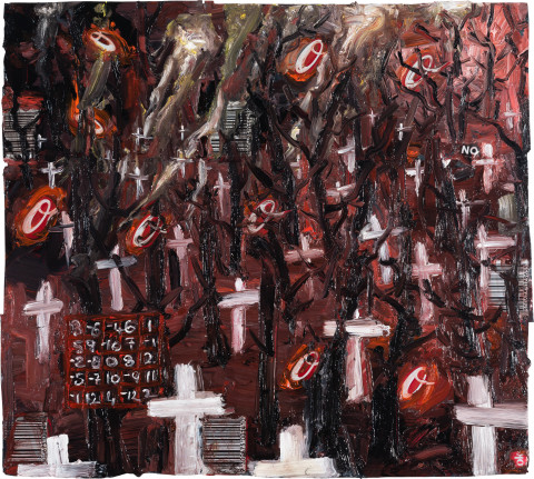 Fiona Hall Counting For Nothing 14, 2024; oil paint on aluminium drink cans; approx. 30.5 x 33.5 cm; enquire