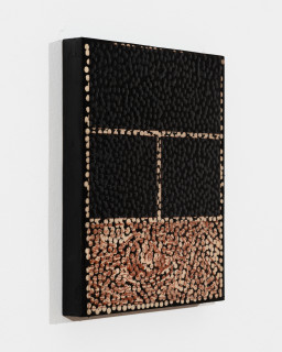 Daniel Boyd Untitled (HTHAGSGC), 2025; oil, ink and archival glue on paper mounted to board; 30 x 25 cm; enquire