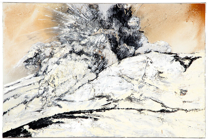 Mandy Martin Wanderers in the desert of the real; Mount Ruapehu erupting, 2008; Ochre, pigment, and oil on linen; 100 x 150 cm; enquire