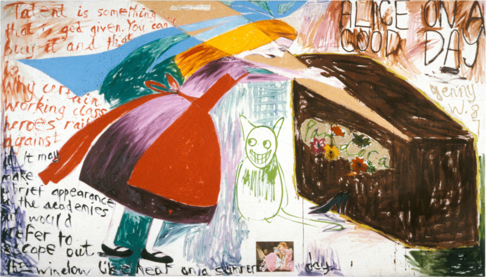 Alice on a Good Day, 1987; oil, gouache, acrylic, silk cut-outs on duck; 122 x 214 cm