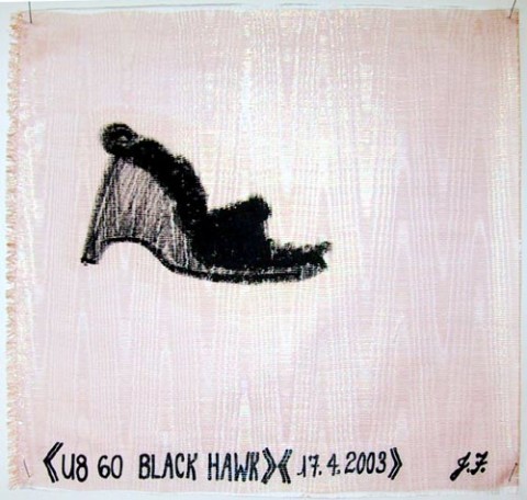 Jacqueline Fraser U8 60 Black Hawk >, 2003; from the series AN ELEGANT PORTRAIT REFINED IN ELEVEN STUDIOUS PARTS >; oil stick on fabric (framed); 32 x 32 cm; enquire