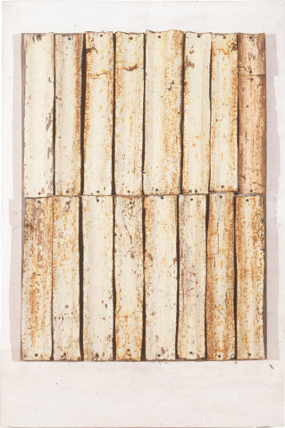 Rosalie Gascoigne Iron Bark, 1994-95; corrugated iron on wood; 102 x 75 cm; enquire