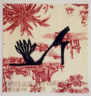 Jacqueline Fraser >, 2002; from the series Jacqueline Fraser 14.7.2002 Parisian Fabric Drawings; Oil stick on cream and red aquataine print; 32 x 32 cm; enquire