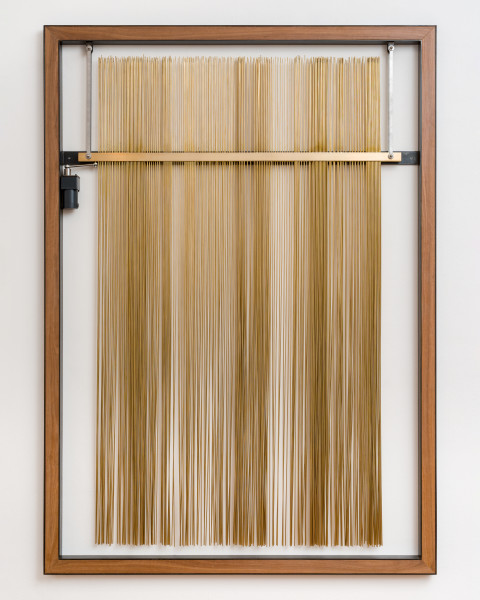 Marley Dawson, Hum, 2021; brass, steel, timber, electrics; 203 x 146 x 5 cm