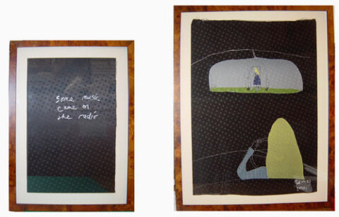 Jenny Watson My father's music, 2001; Stone lithographs on various fabrics, Lithographer: Muka Press, Auckland; 76 x 55 cm; 56 x 27 cm set of 5 images (2 pieces each) edition of 20; Edition of 20; enquire